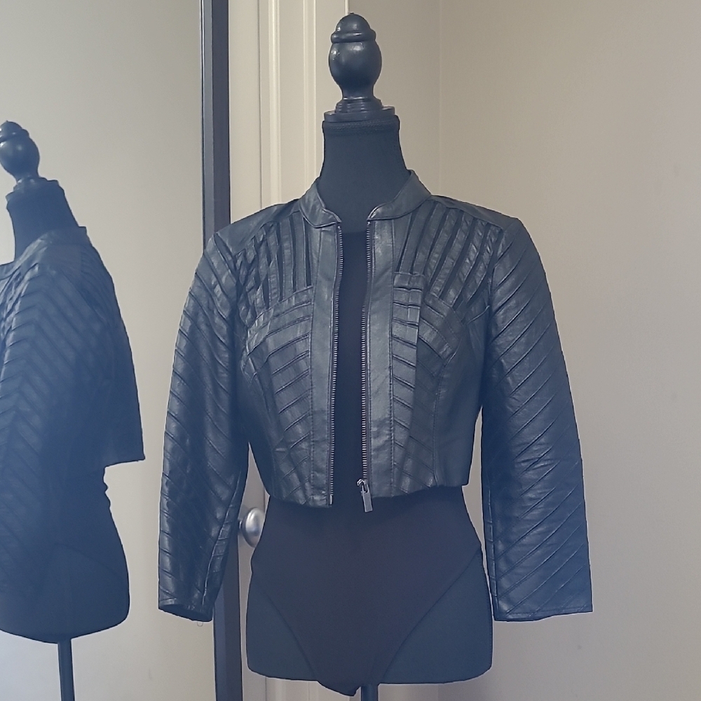 Bebe Black Leather Quilted Jacket with Cropped Silhouette